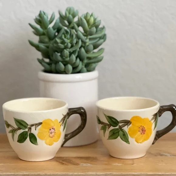 Vintage Franciscan Meadow Rose Coffee Tea Cups Cream Yellow Green Set of 2 - Picture 2 of 6